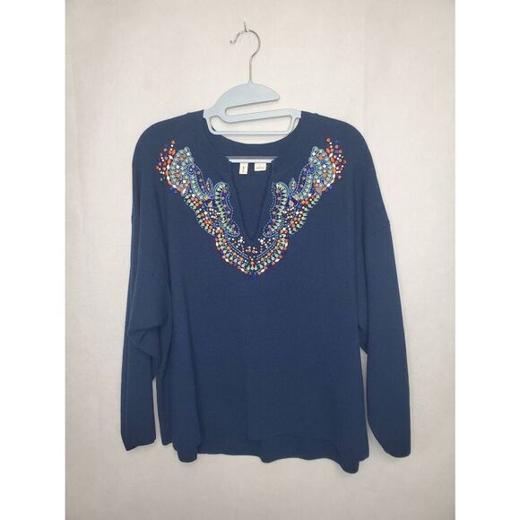 Anthropologie Moth Jeweled Embellished Split V Neck Navy Sweater Sz L - Picture 3 of 9